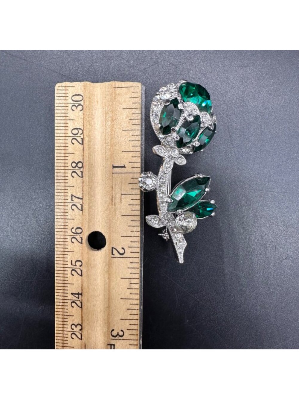 Vintage Eisenberg Ice Floral Brooch Pin Green Clear Rhinestone Silver Tone Retro - Picture 12 of 12